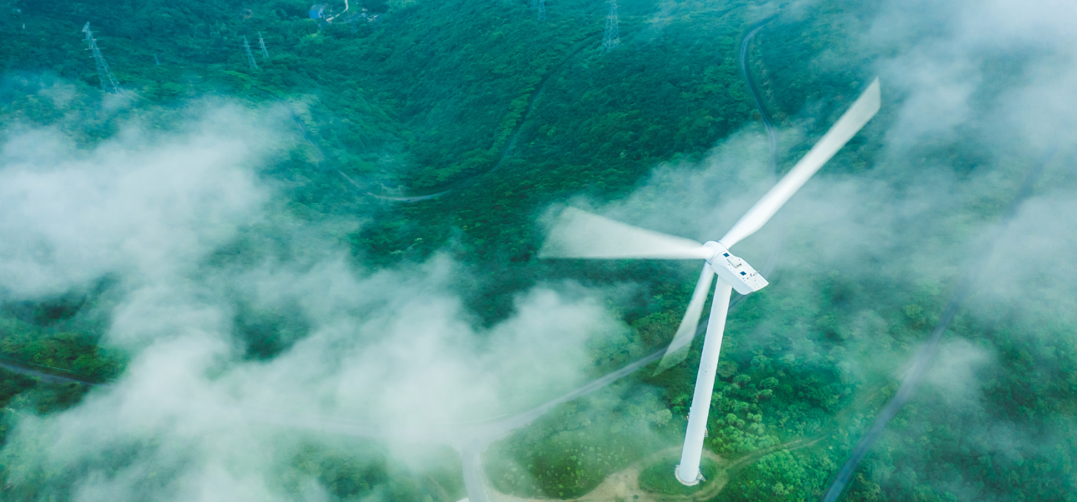 Wind power station, producing renewable energy, on mountain in China.