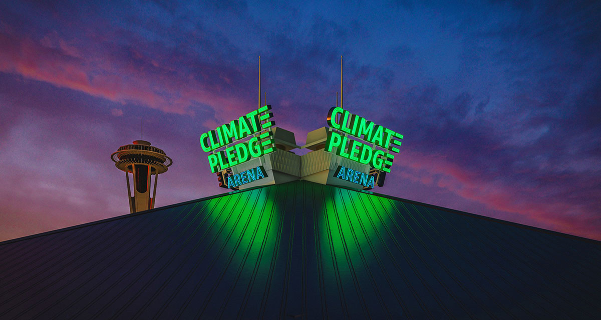 Climate Pledge Arena sign lit up at night