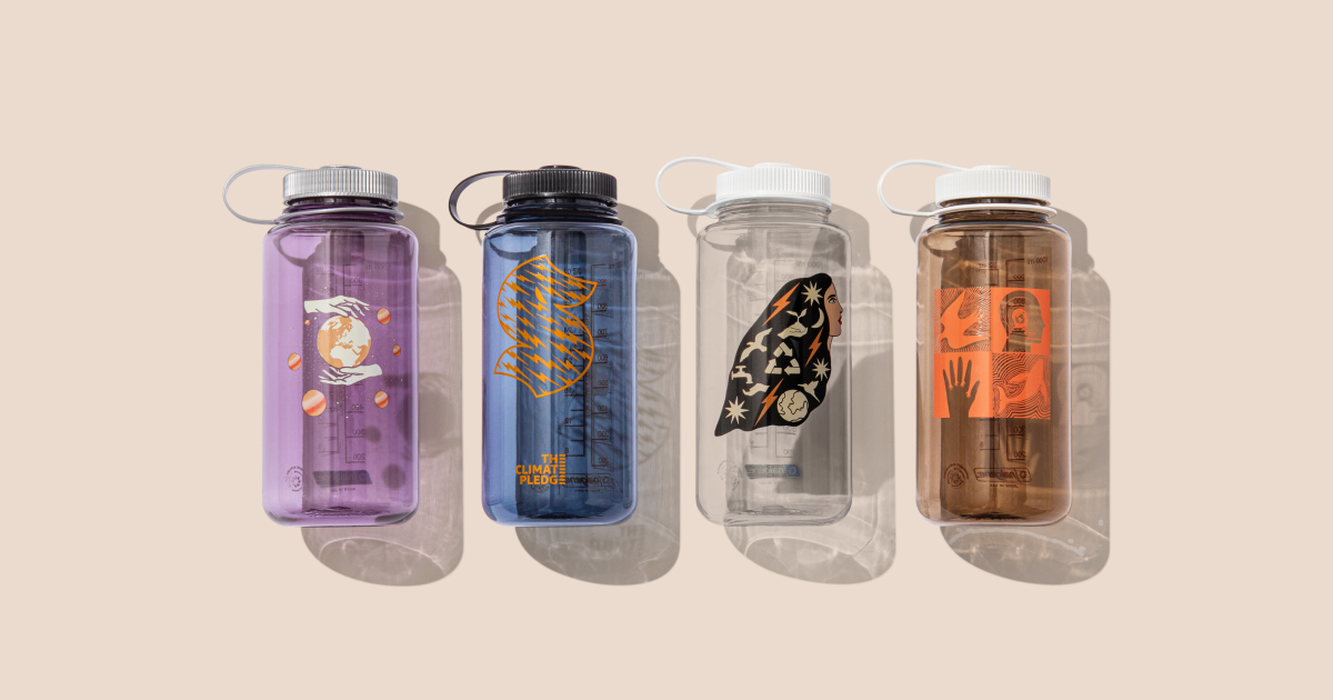 Nalgene bottles (made with 50% recycled content) in The Climate Pledge Collection by Jen Ament.
