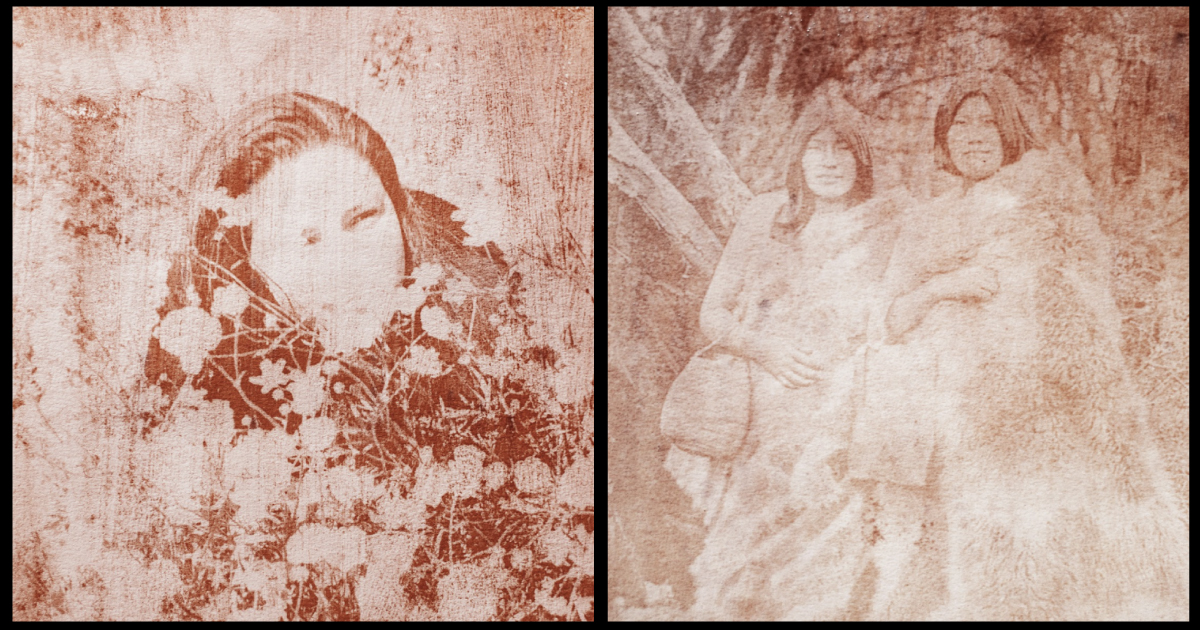 Left: Portrait of Lara Gazzaniga, young inhabitant of Ushuaia, in the area of Andorra Valley, where there used to be a peat extraction enterprise that was stopped and abandoned some years ago.Right: Illustration of an archive image taken of two women of the original Selknam people who were inhabitants of the center of Tierra del Fuego Island, in an area of large peat bogs.