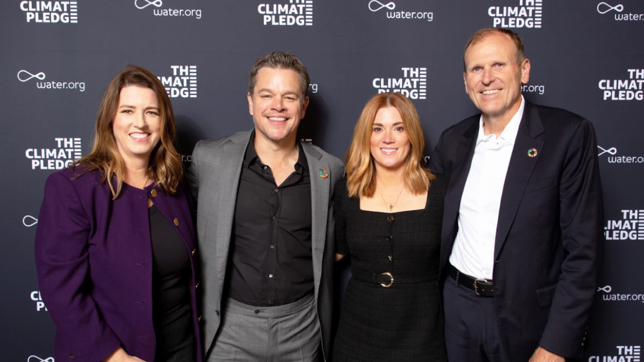 Amazon’s Kara Hurst (Vice President of Worldwide Sustainability), Sally Fouts (Head of the Climate Pledge), Gary White, and Matt Damon (Co-founders of Water.org and WaterEquity) at the 2022 Climate Week NYC Leaders’ Reception.