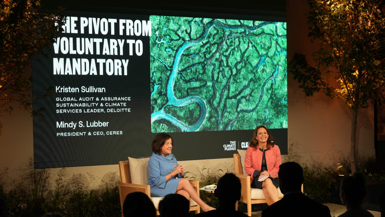 Mindy Lubber and Kristen Sullivan on stage at The Climate Pledge Summit.