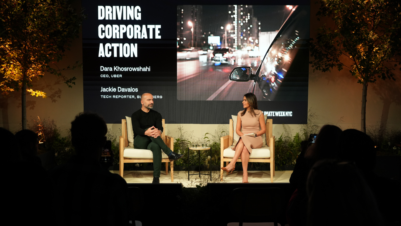 Dara Khosrowashahi and Jackie Davalos on stage at The Climate Pledge Summit.