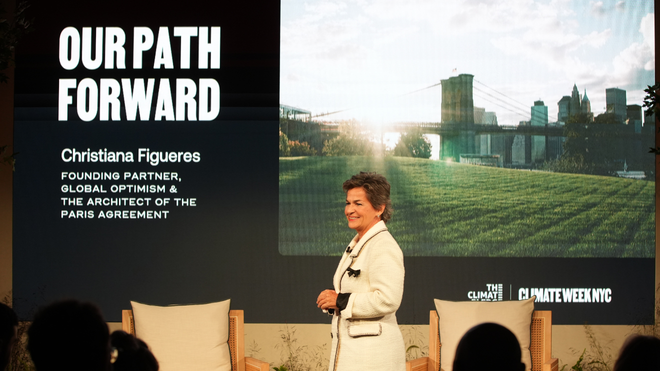 Christiana Figueres on stage at The Climate Pledge Summit.